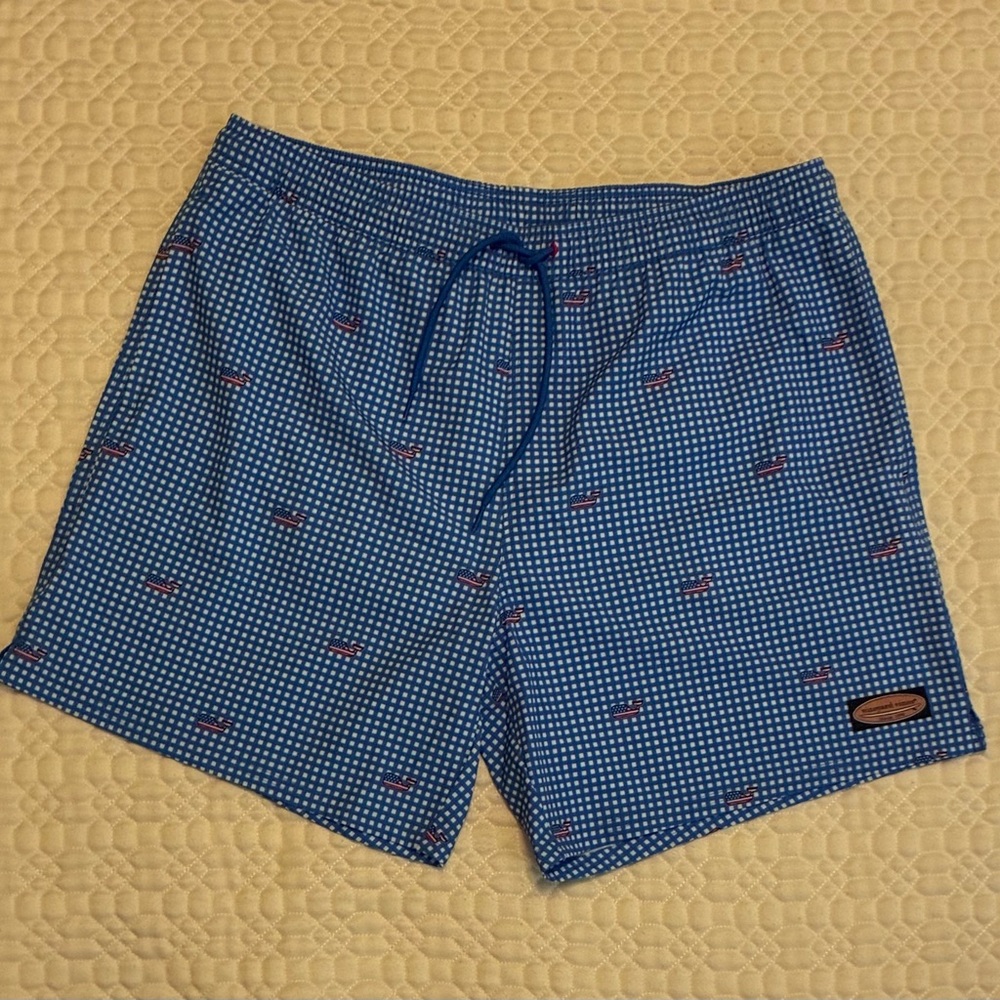 Vineyard Vines Blue Gingham Swim Trunks with Red Whale Motif